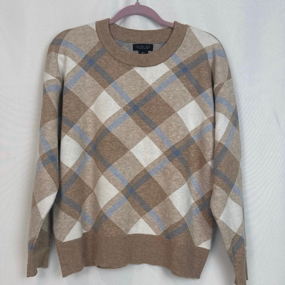 Rachel Zoe Womens Diagonal Plaid Sweater Size L Tan Blue Coastal Grandmother